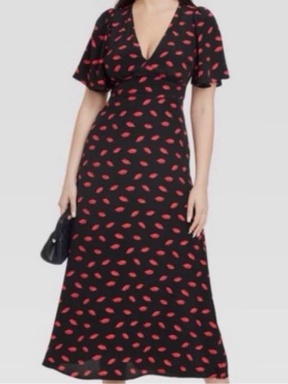 a new day Black Maxi Dress with Red Lip Print and V-Neck. Size 12